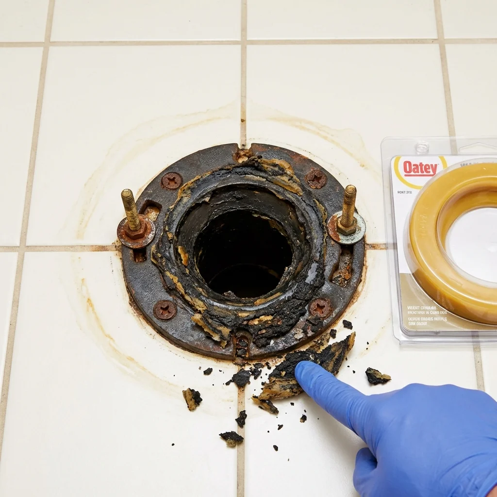 Failed wax ring showing water seepage at the base of a toilet in a Columbia, MD home
