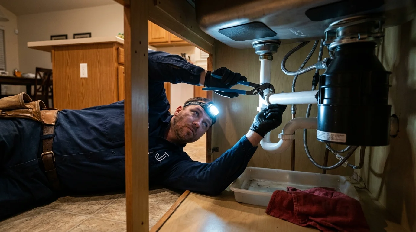 P-trap and supply line connections under a kitchen sink showing a common leak point in Columbia, MD